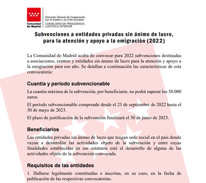 Se publica convocatoria de subvenciones a entidades sin ánimo de lucro de la Comunidad de Madrid.