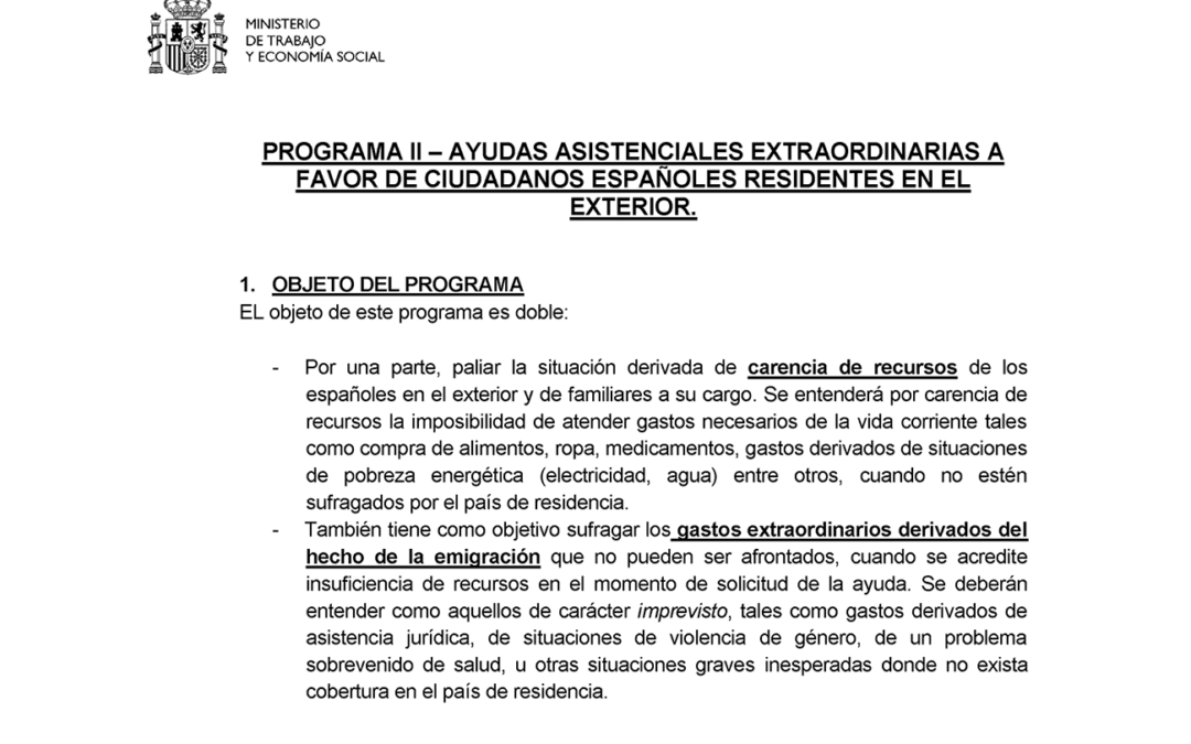 Programa II – Ayudas asistenciales extraordinarias a favor de ciudadanos españoles residentes en el exterior